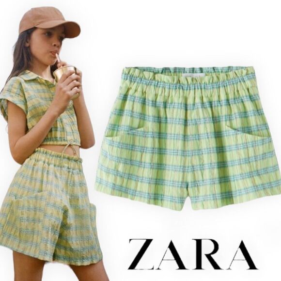 ZARA Kids | Lime Green | PLAID SHORTS - Picture 1 of 9